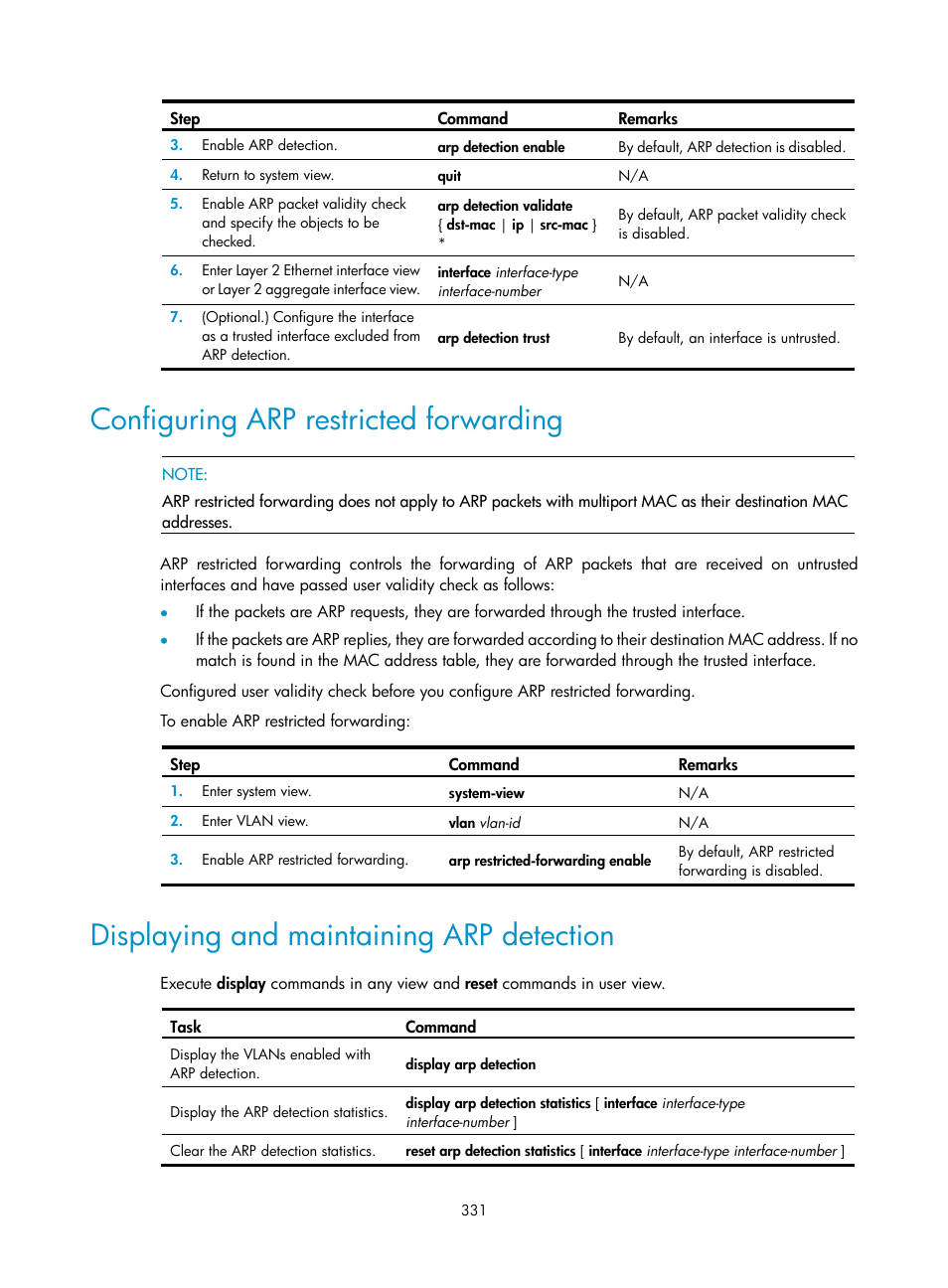 Configuring arp restricted forwarding, Displaying and maintaining arp detection | H3C Technologies H3C S6300 Series Switches User Manual | Page 346 / 413