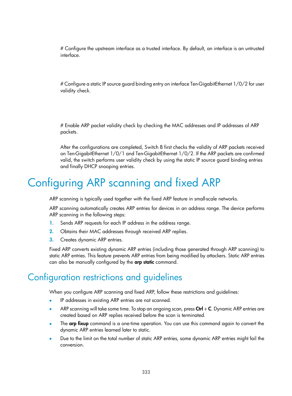 Configuring arp scanning and fixed arp, Configuration restrictions and guidelines | H3C Technologies H3C S6300 Series Switches User Manual | Page 348 / 413