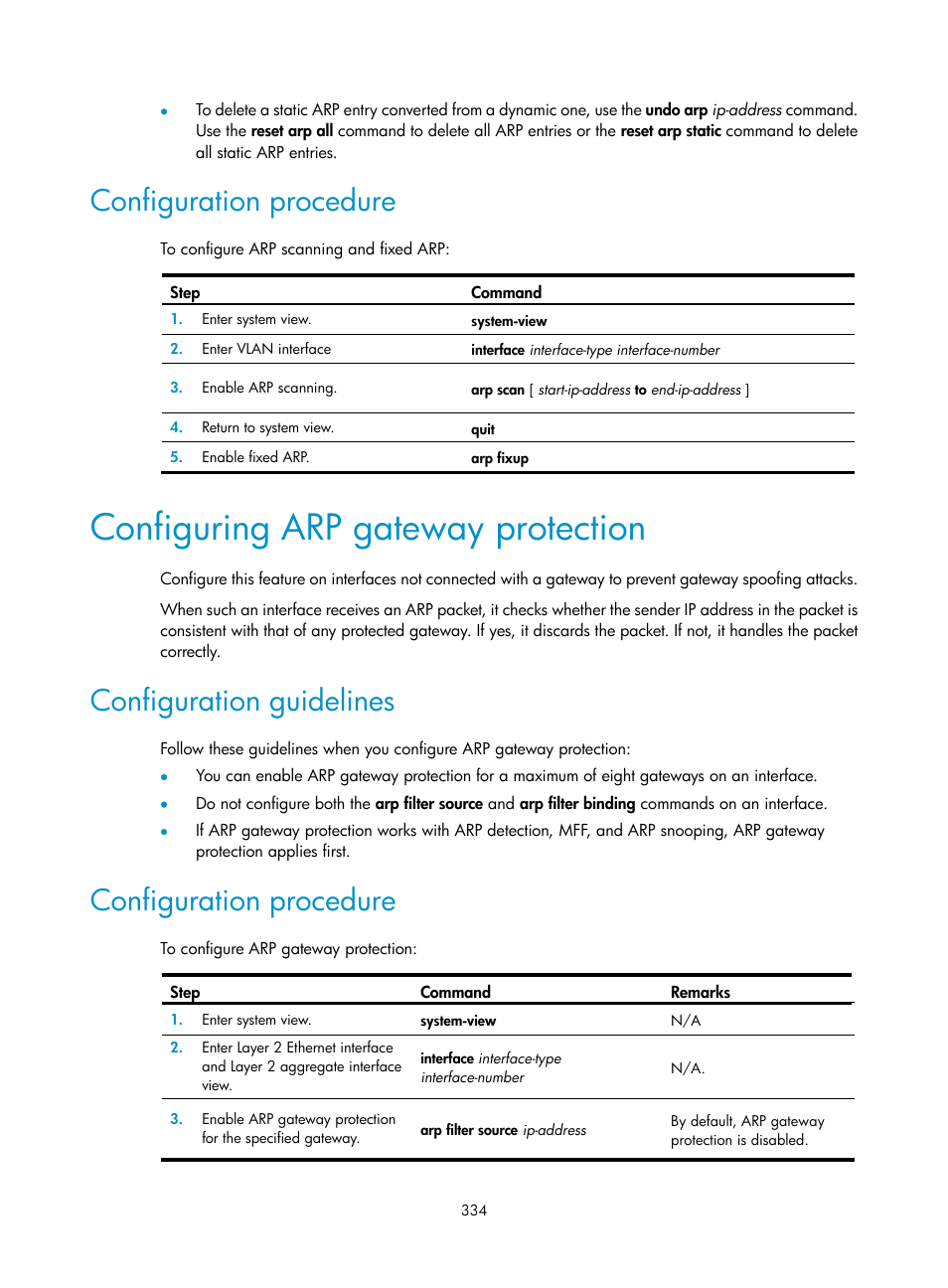 Configuration procedure, Configuring arp gateway protection, Configuration guidelines | H3C Technologies H3C S6300 Series Switches User Manual | Page 349 / 413