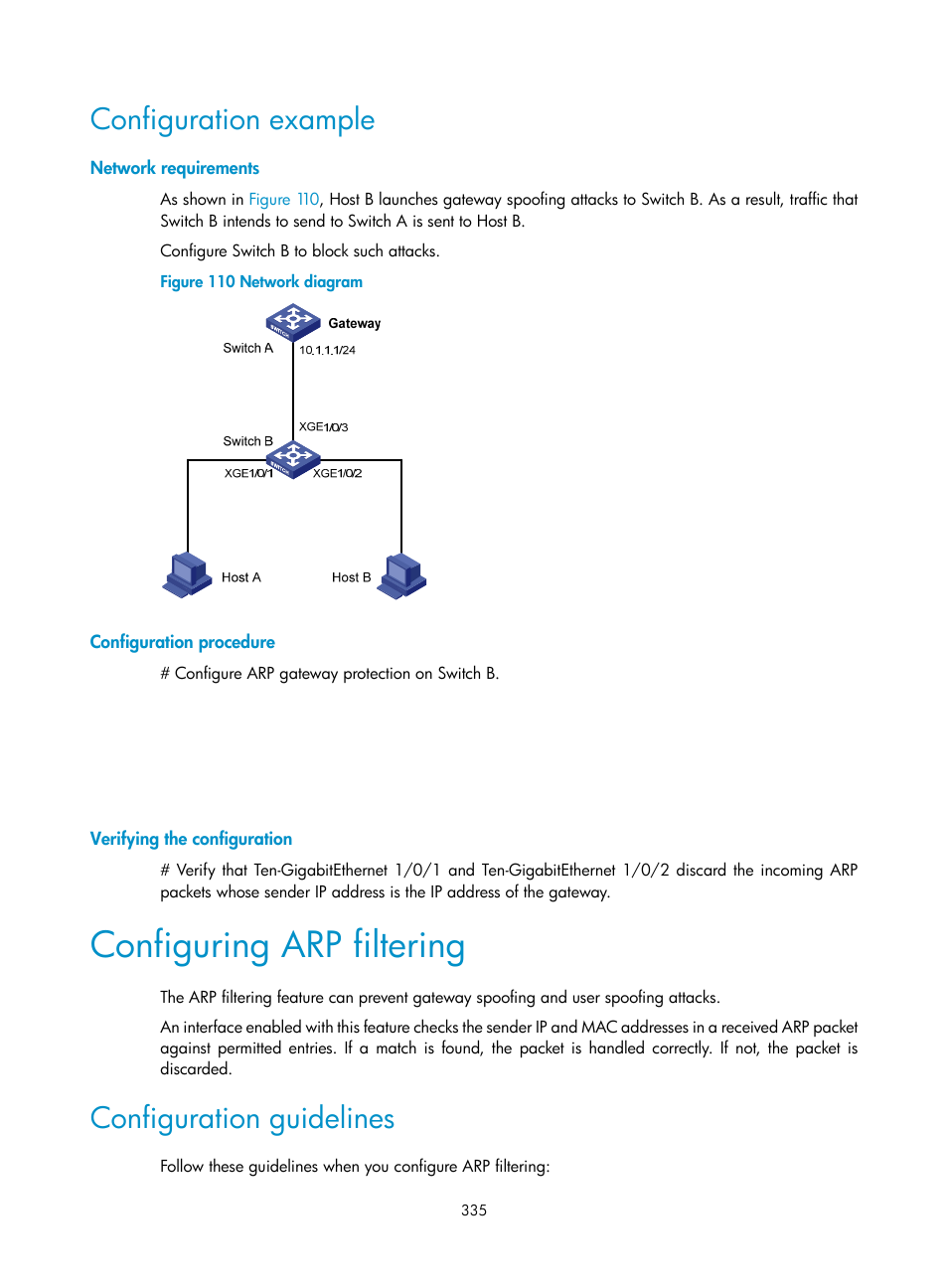 Configuration example, Network requirements, Configuration procedure | Verifying the configuration, Configuring arp filtering, Configuration guidelines | H3C Technologies H3C S6300 Series Switches User Manual | Page 350 / 413