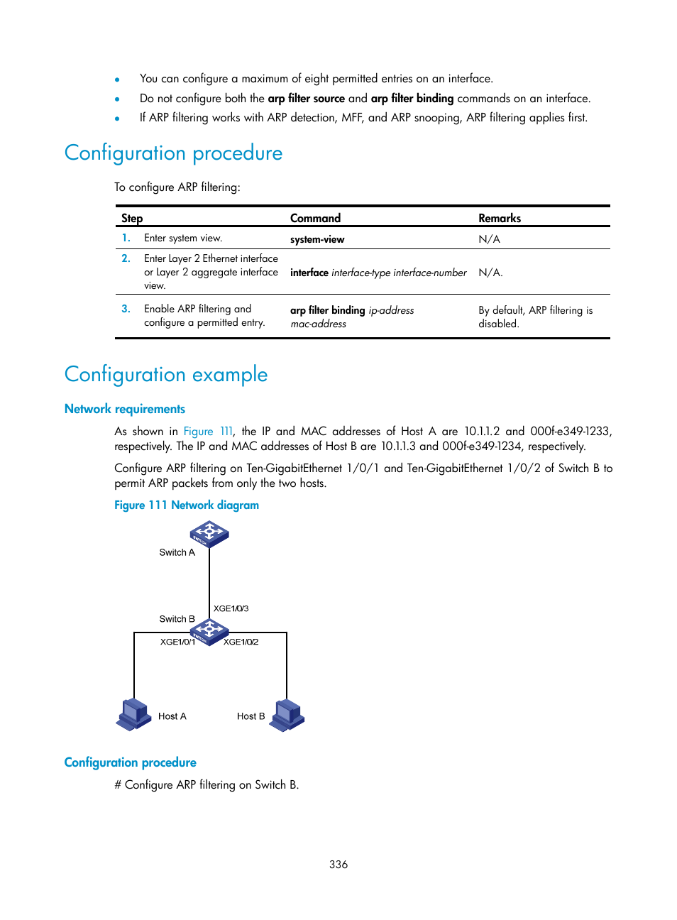 Configuration procedure, Configuration example, Network requirements | H3C Technologies H3C S6300 Series Switches User Manual | Page 351 / 413