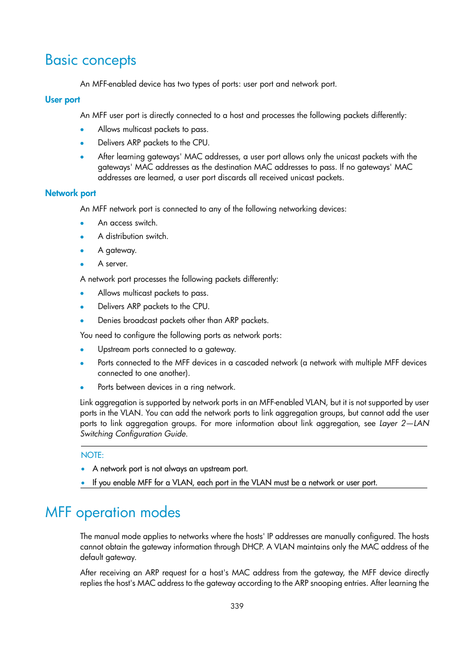 Basic concepts, User port, Network port | Mff operation modes | H3C Technologies H3C S6300 Series Switches User Manual | Page 354 / 413