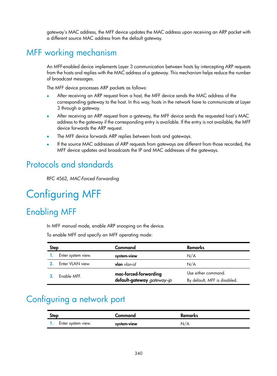 Mff working mechanism, Protocols and standards, Configuring mff | Enabling mff, Configuring a network port | H3C Technologies H3C S6300 Series Switches User Manual | Page 355 / 413