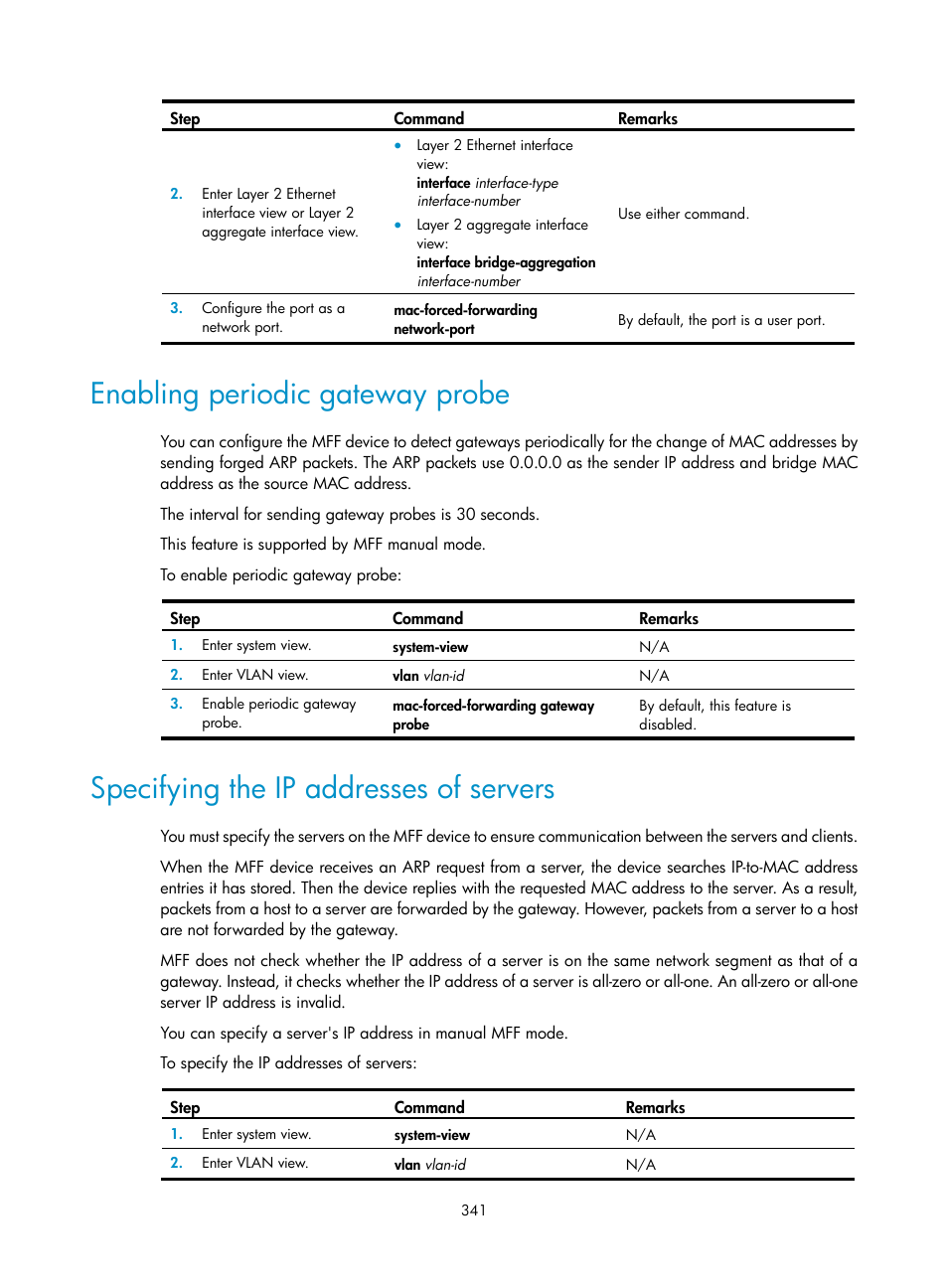 Enabling periodic gateway probe, Specifying the ip addresses of servers | H3C Technologies H3C S6300 Series Switches User Manual | Page 356 / 413