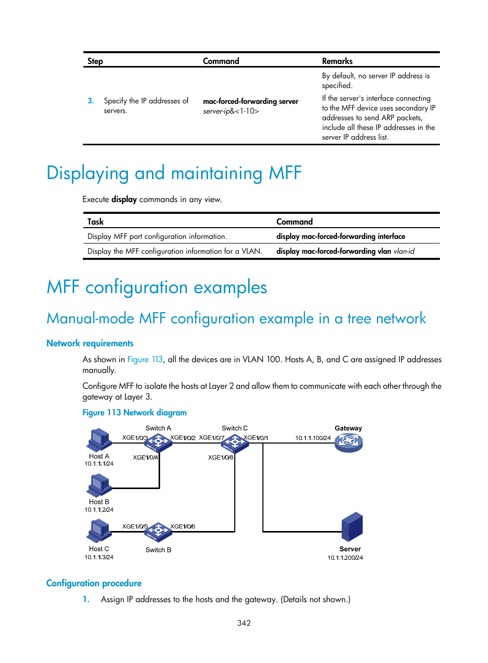 Displaying and maintaining mff, Mff configuration examples, Network requirements | Configuration procedure | H3C Technologies H3C S6300 Series Switches User Manual | Page 357 / 413