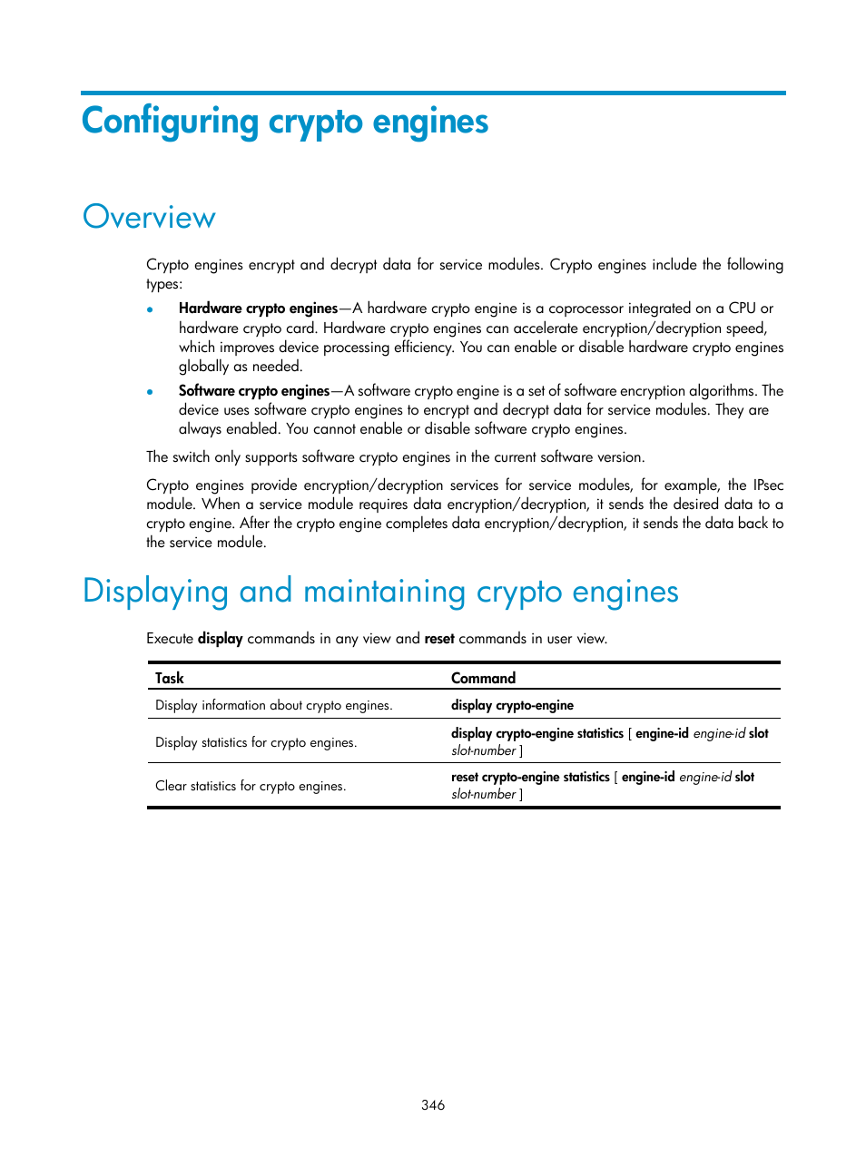 Configuring crypto engines, Overview, Displaying and maintaining crypto engines | H3C Technologies H3C S6300 Series Switches User Manual | Page 361 / 413