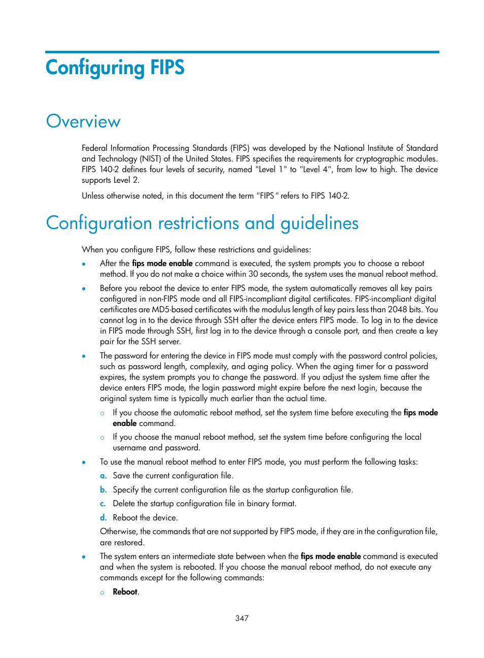 Configuring fips, Overview, Configuration restrictions and guidelines | H3C Technologies H3C S6300 Series Switches User Manual | Page 362 / 413
