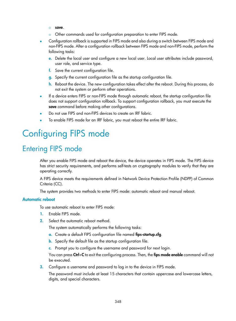 Configuring fips mode, Entering fips mode, Automatic reboot | H3C Technologies H3C S6300 Series Switches User Manual | Page 363 / 413