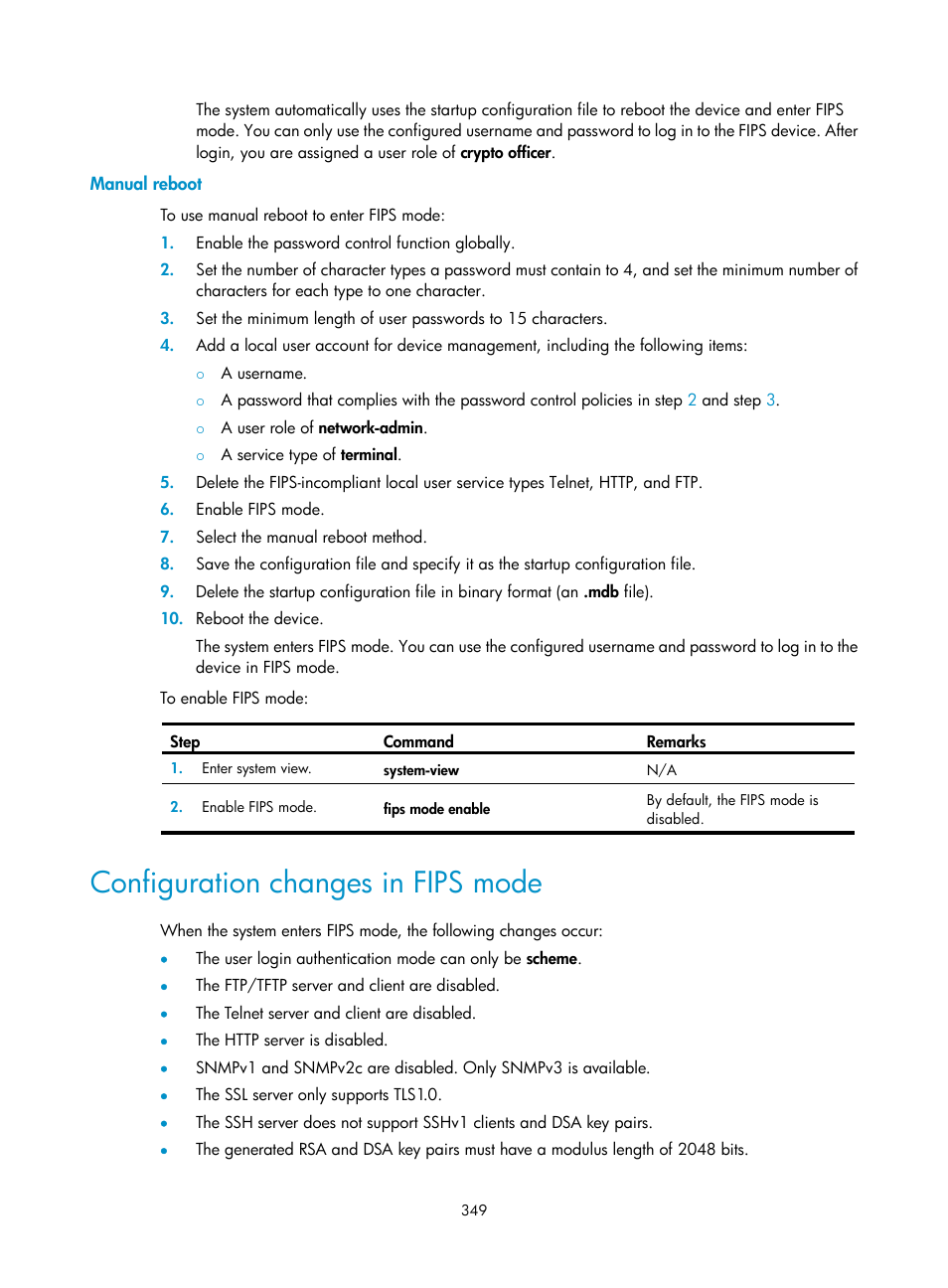 Manual reboot, Configuration changes in fips mode | H3C Technologies H3C S6300 Series Switches User Manual | Page 364 / 413