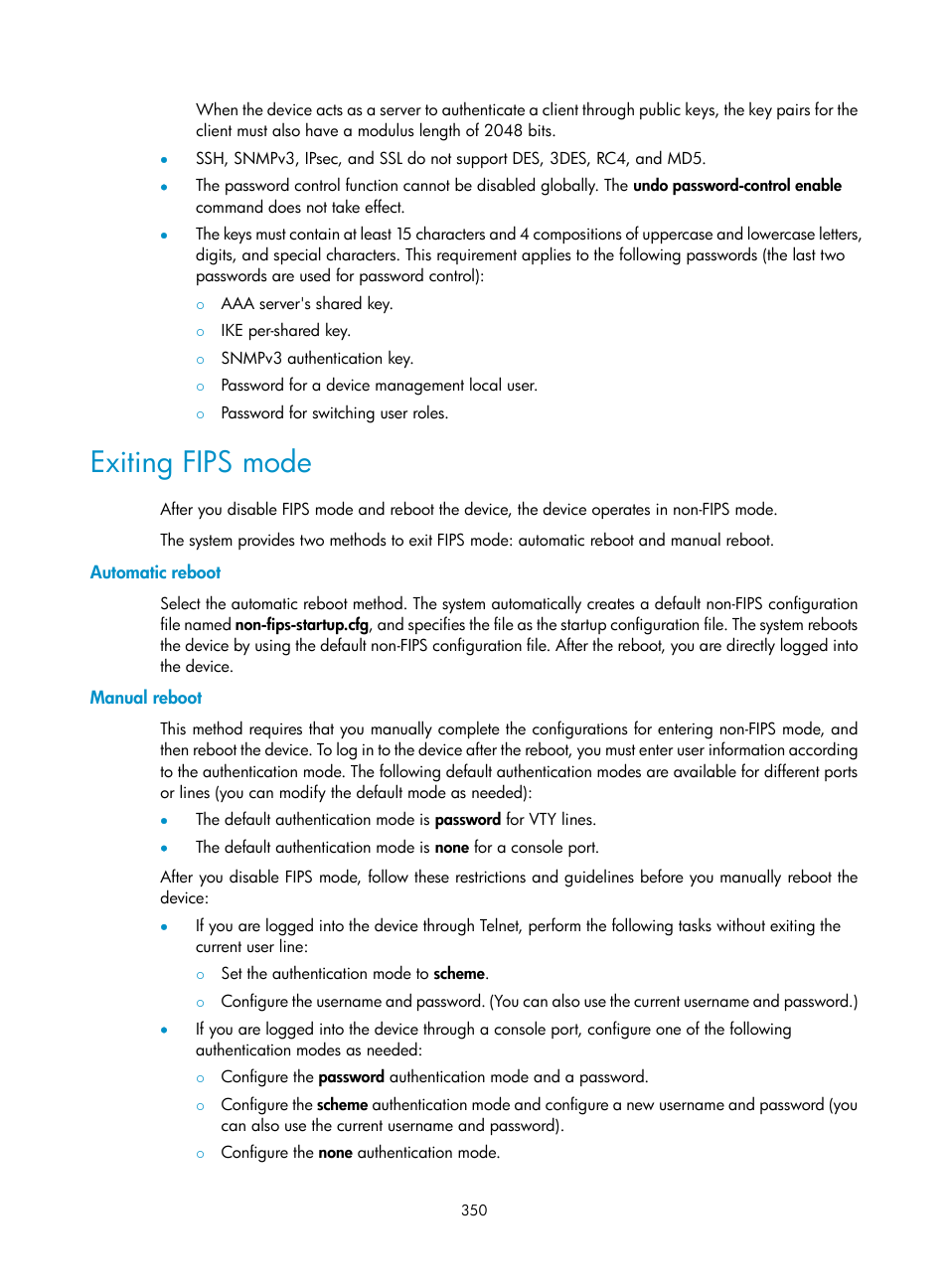 Exiting fips mode, Automatic reboot, Manual reboot | H3C Technologies H3C S6300 Series Switches User Manual | Page 365 / 413