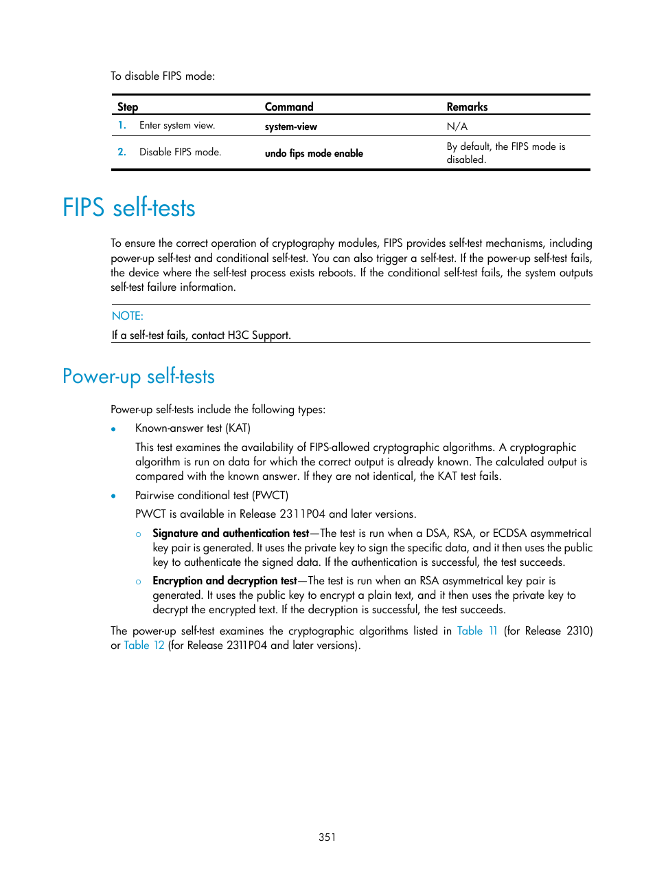 Fips self-tests, Power-up self-tests | H3C Technologies H3C S6300 Series Switches User Manual | Page 366 / 413