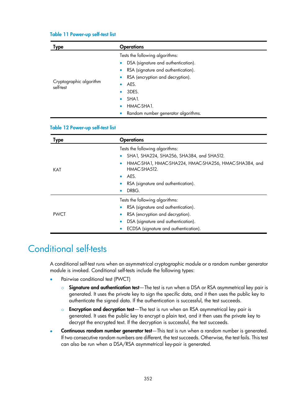 Conditional self-tests, Thms listed in, Table 11 | Table 12 | H3C Technologies H3C S6300 Series Switches User Manual | Page 367 / 413