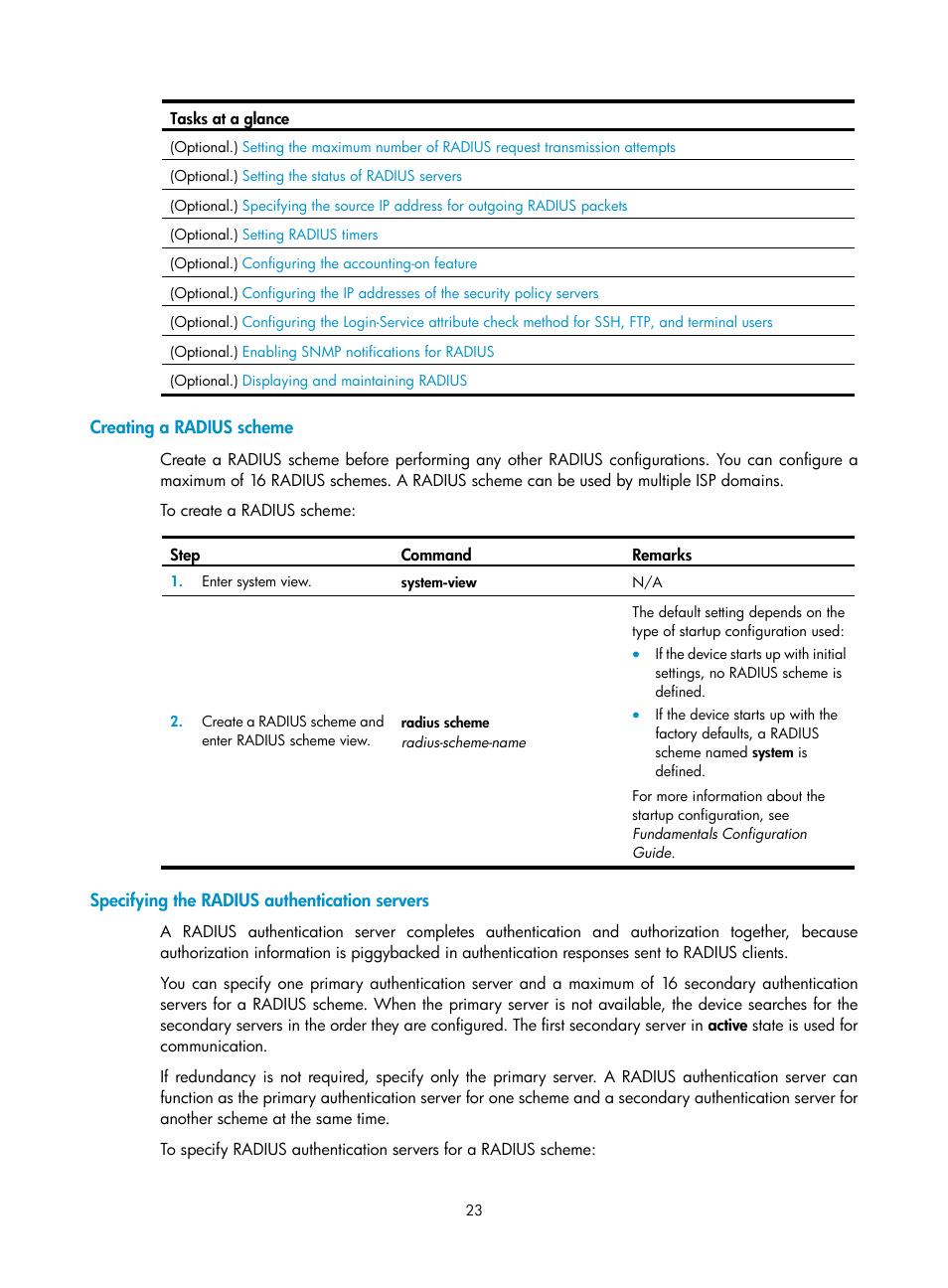 Creating a radius scheme, Specifying the radius authentication servers, Required.) | H3C Technologies H3C S6300 Series Switches User Manual | Page 38 / 413