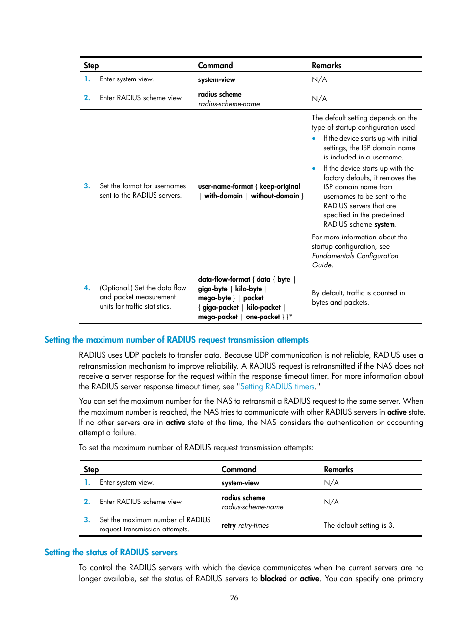 Setting the status of radius servers | H3C Technologies H3C S6300 Series Switches User Manual | Page 41 / 413