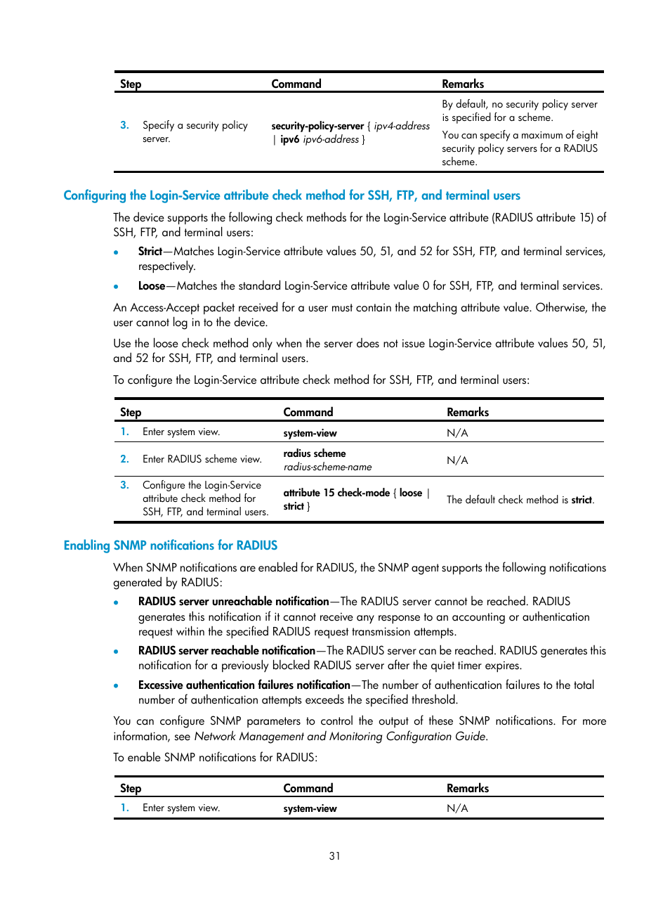 Enabling snmp notifications for radius | H3C Technologies H3C S6300 Series Switches User Manual | Page 46 / 413