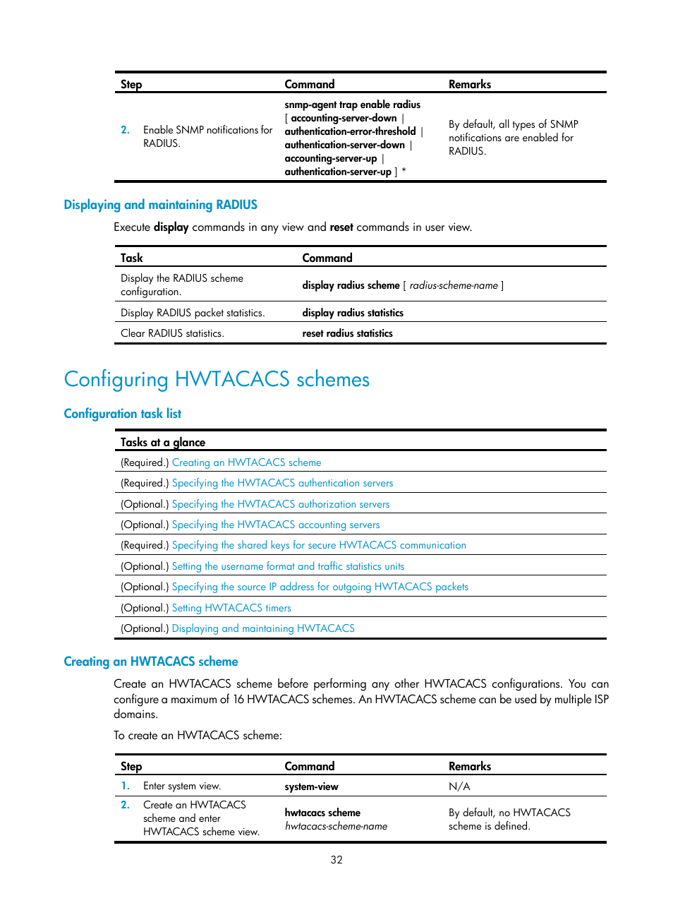 Displaying and maintaining radius, Configuring hwtacacs schemes, Configuration task list | Creating an hwtacacs scheme | H3C Technologies H3C S6300 Series Switches User Manual | Page 47 / 413