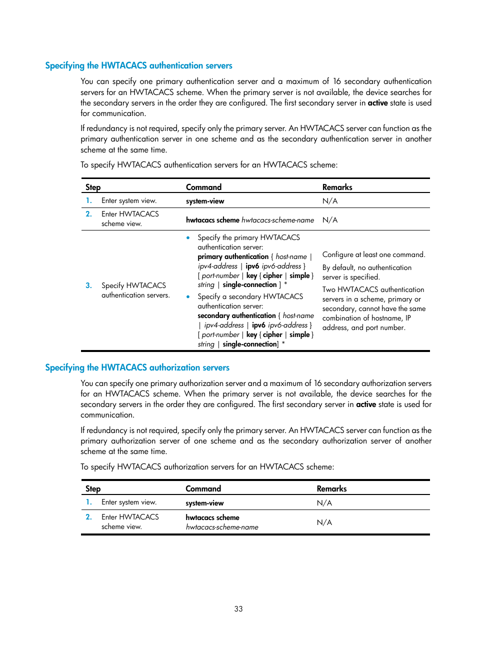 Specifying the hwtacacs authentication servers, Specifying the hwtacacs authorization servers, Required.) | H3C Technologies H3C S6300 Series Switches User Manual | Page 48 / 413