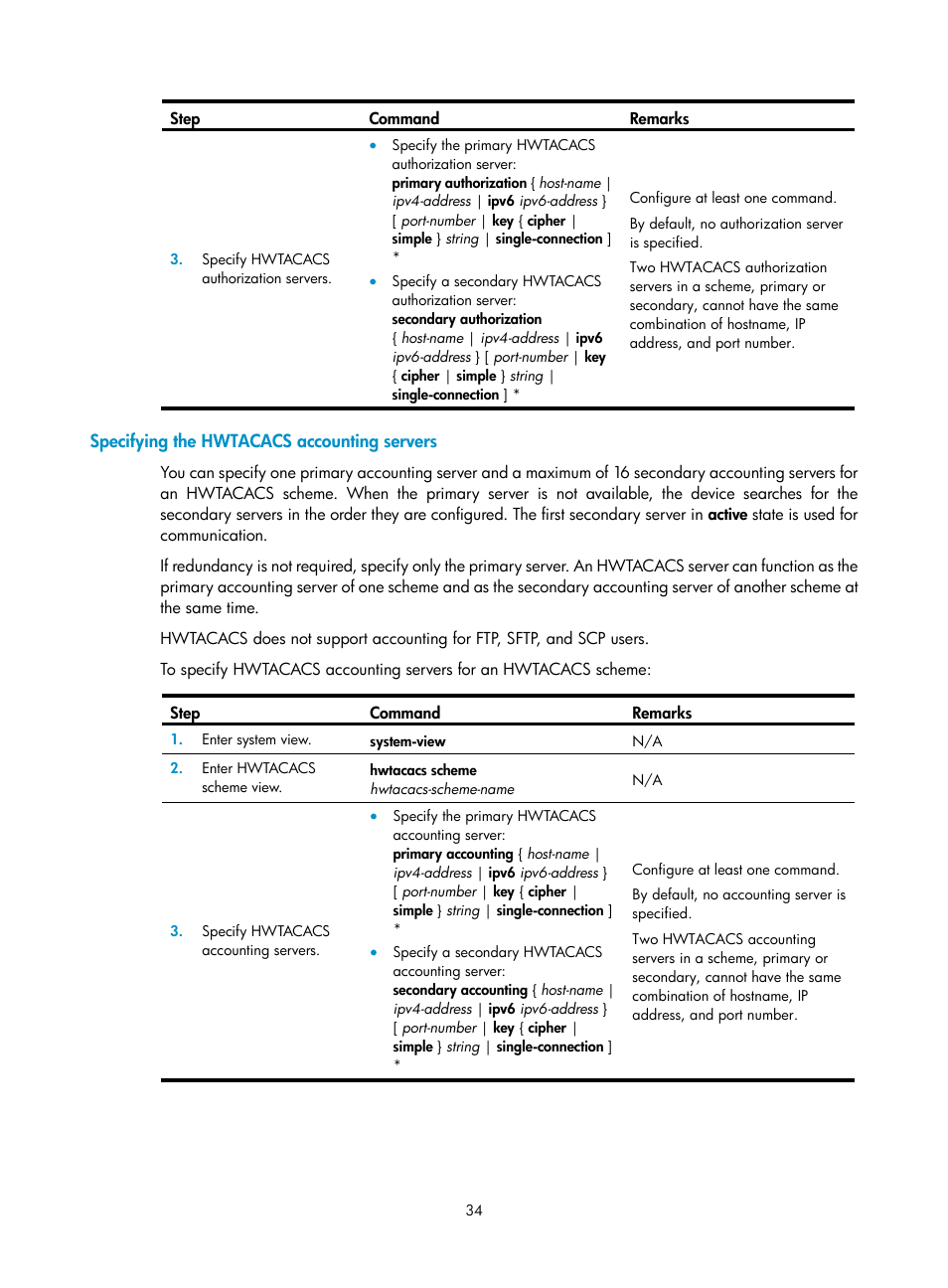 Specifying the hwtacacs accounting servers | H3C Technologies H3C S6300 Series Switches User Manual | Page 49 / 413