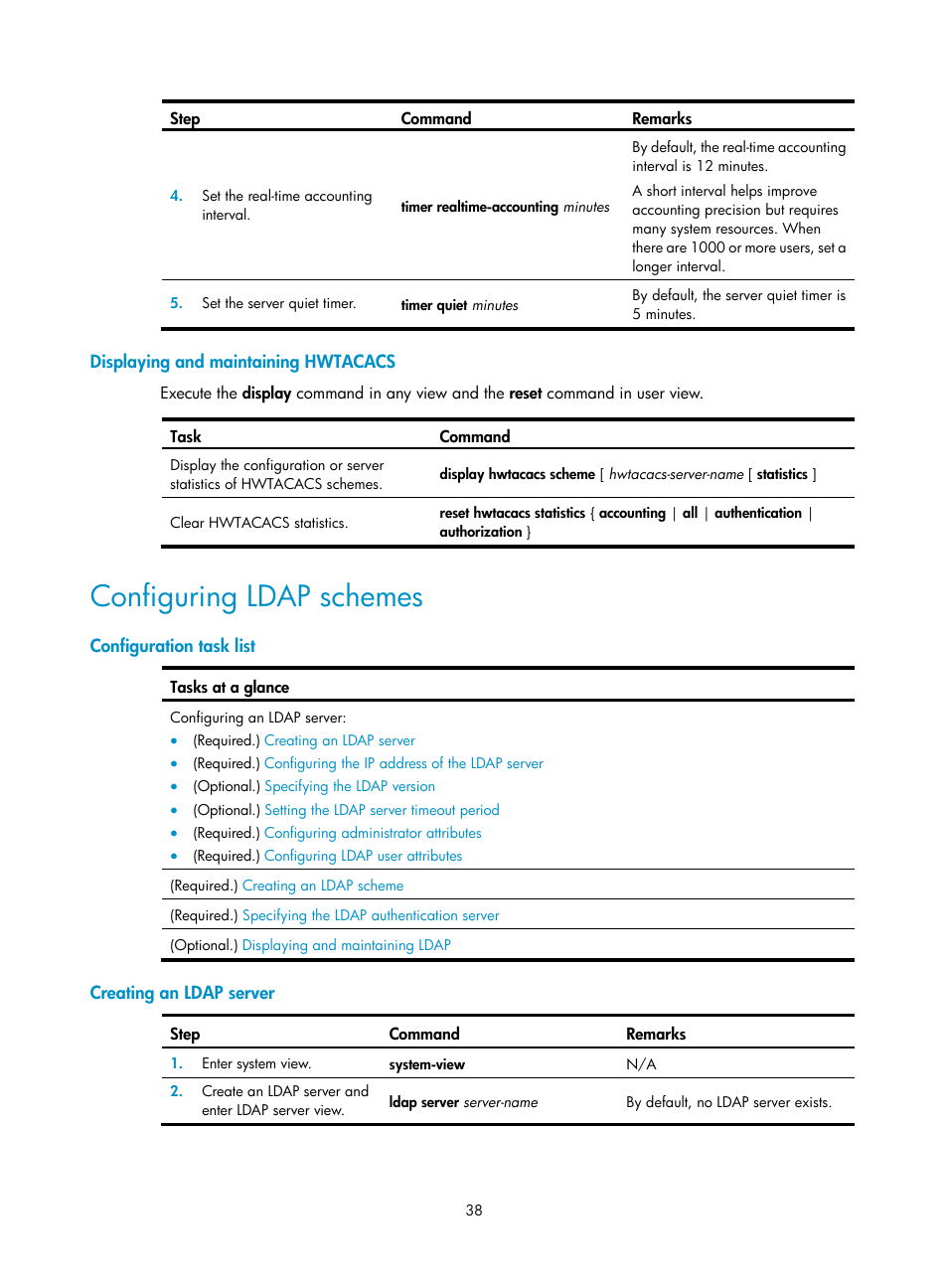 Displaying and maintaining hwtacacs, Configuring ldap schemes, Configuration task list | Creating an ldap server | H3C Technologies H3C S6300 Series Switches User Manual | Page 53 / 413