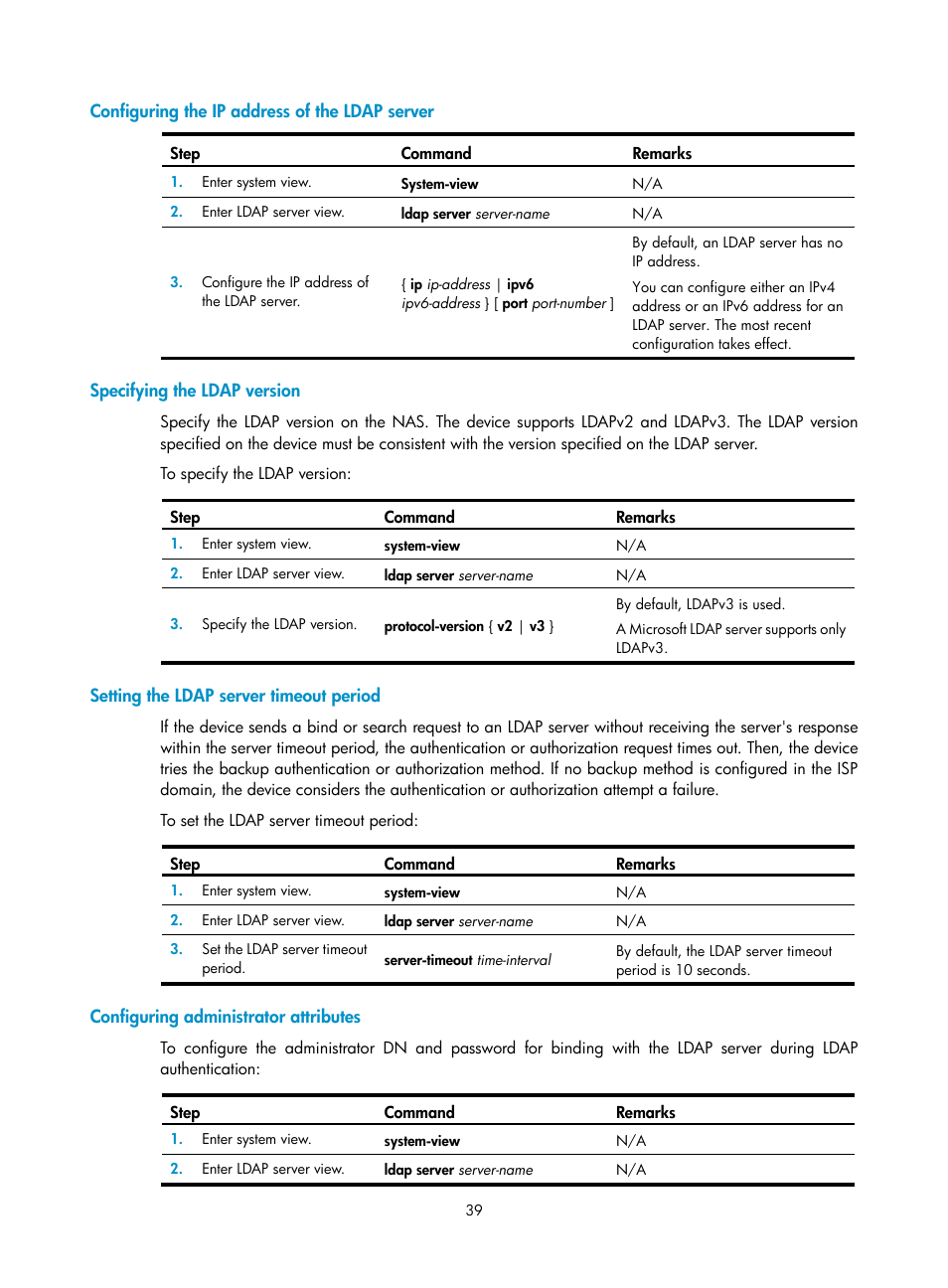 Configuring the ip address of the ldap server, Specifying the ldap version, Setting the ldap server timeout period | Configuring administrator attributes | H3C Technologies H3C S6300 Series Switches User Manual | Page 54 / 413