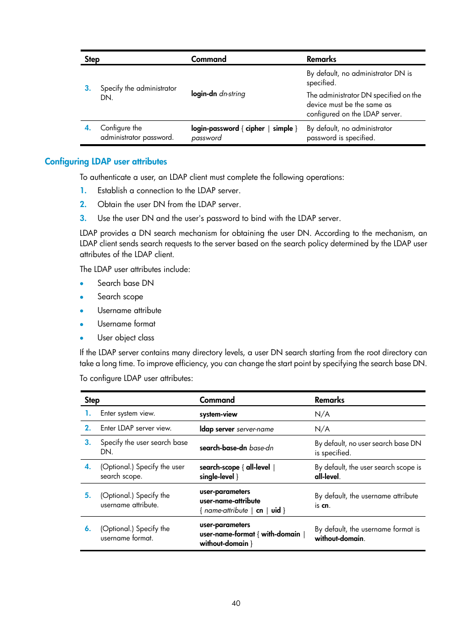 Configuring ldap user attributes | H3C Technologies H3C S6300 Series Switches User Manual | Page 55 / 413
