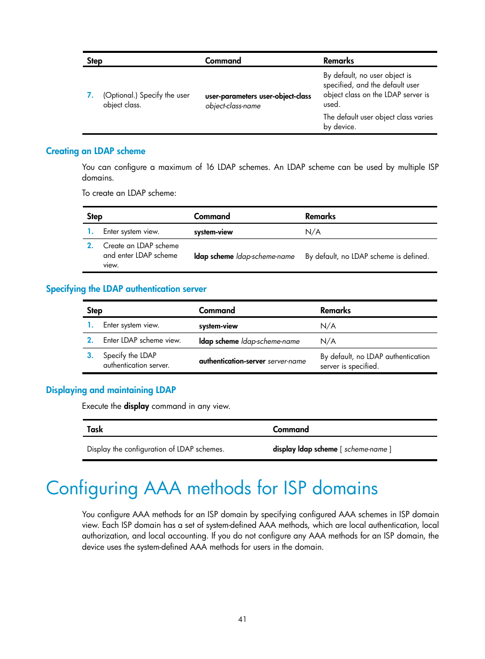 Creating an ldap scheme, Specifying the ldap authentication server, Displaying and maintaining ldap | Configuring aaa methods for isp domains, Required.) | H3C Technologies H3C S6300 Series Switches User Manual | Page 56 / 413