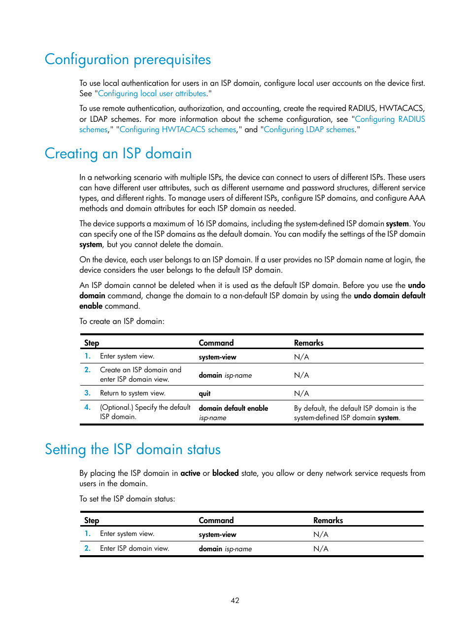 Configuration prerequisites, Creating an isp domain, Setting the isp domain status | H3C Technologies H3C S6300 Series Switches User Manual | Page 57 / 413