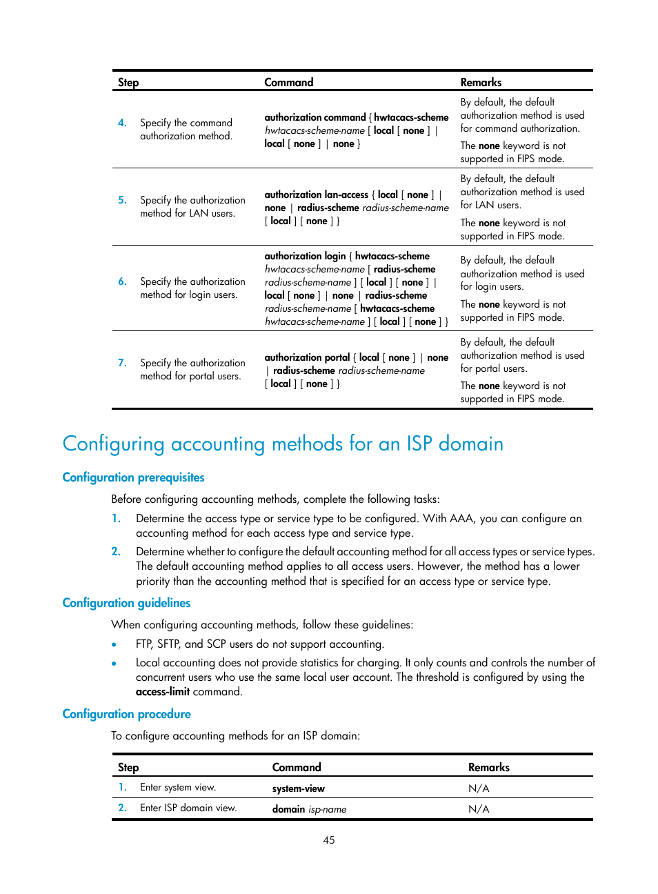 Configuring accounting methods for an isp domain, Configuration prerequisites, Configuration guidelines | Configuration procedure | H3C Technologies H3C S6300 Series Switches User Manual | Page 60 / 413