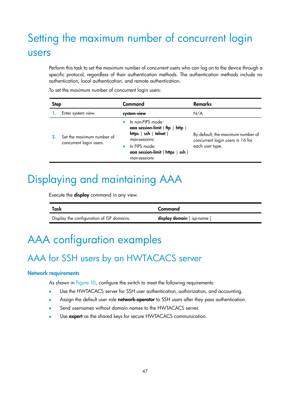 Displaying and maintaining aaa, Aaa configuration examples, Aaa for ssh users by an hwtacacs server | Network requirements | H3C Technologies H3C S6300 Series Switches User Manual | Page 62 / 413