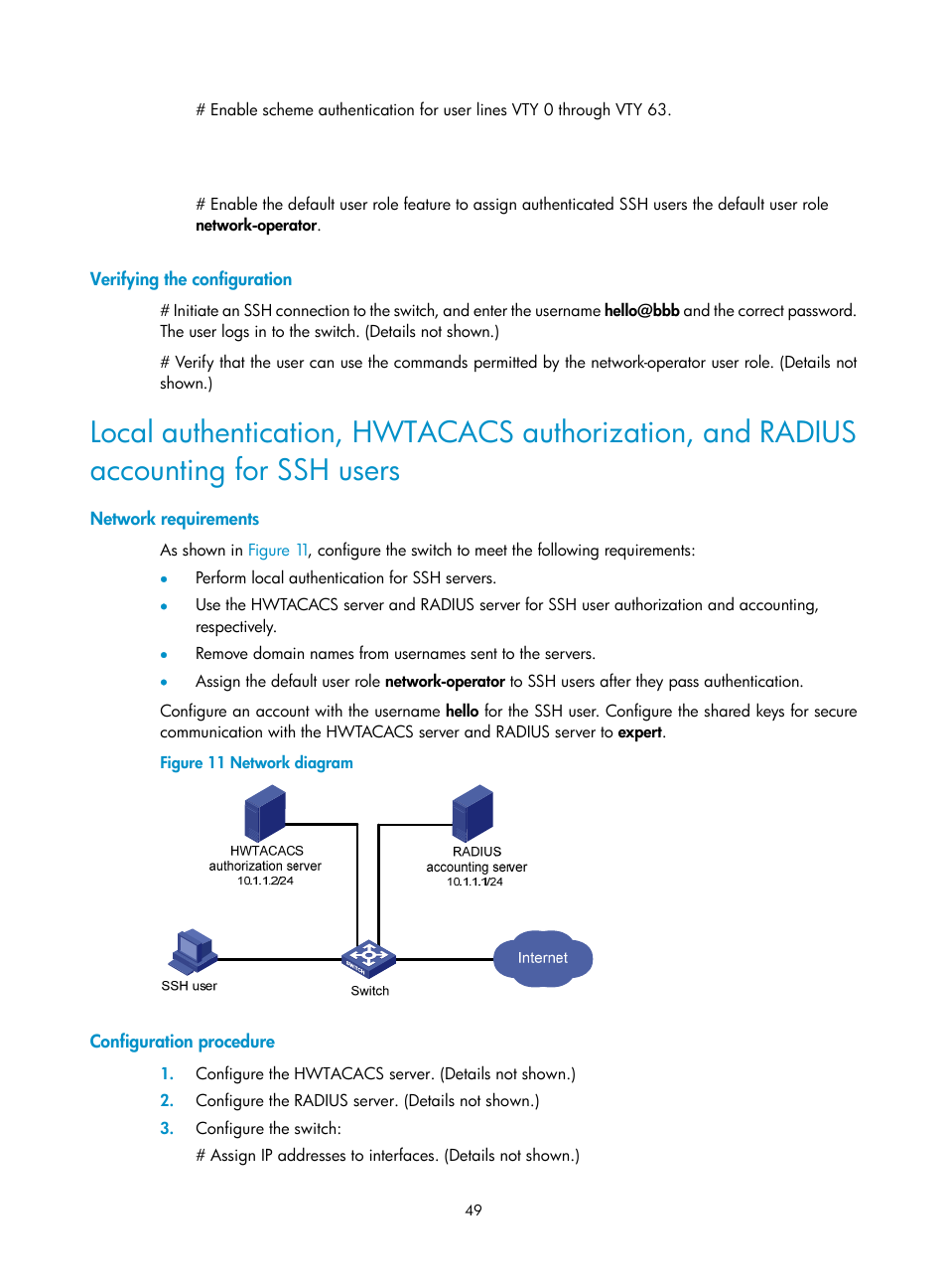 Verifying the configuration, Network requirements, Configuration procedure | H3C Technologies H3C S6300 Series Switches User Manual | Page 64 / 413