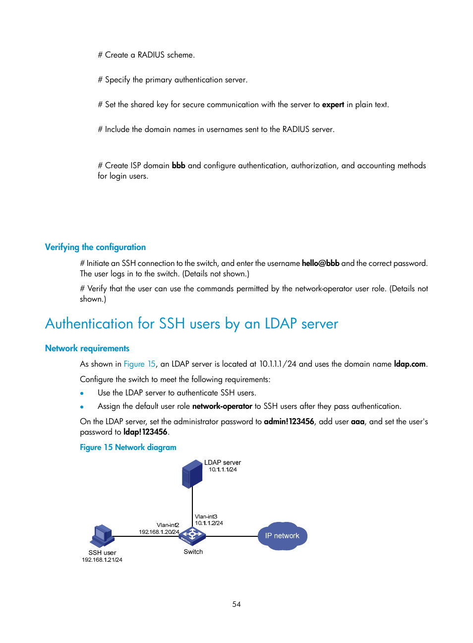 Verifying the configuration, Authentication for ssh users by an ldap server, Network requirements | H3C Technologies H3C S6300 Series Switches User Manual | Page 69 / 413