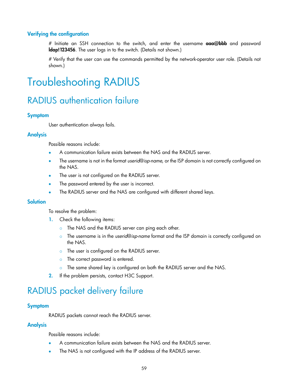 Verifying the configuration, Troubleshooting radius, Radius authentication failure | Symptom, Analysis, Solution, Radius packet delivery failure | H3C Technologies H3C S6300 Series Switches User Manual | Page 74 / 413