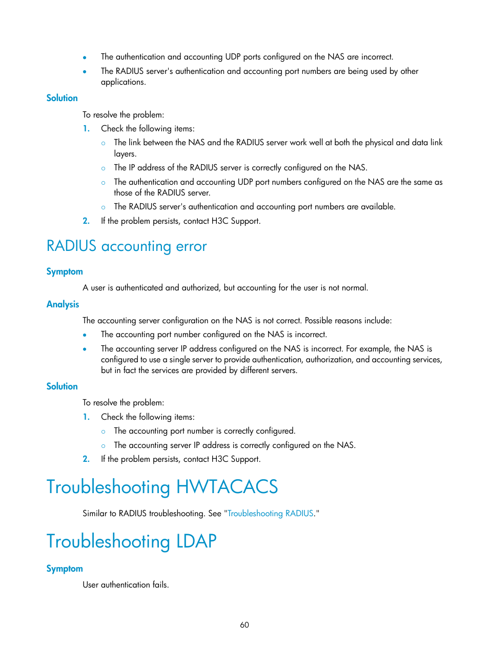 Solution, Radius accounting error, Symptom | Analysis, Troubleshooting hwtacacs, Troubleshooting ldap | H3C Technologies H3C S6300 Series Switches User Manual | Page 75 / 413