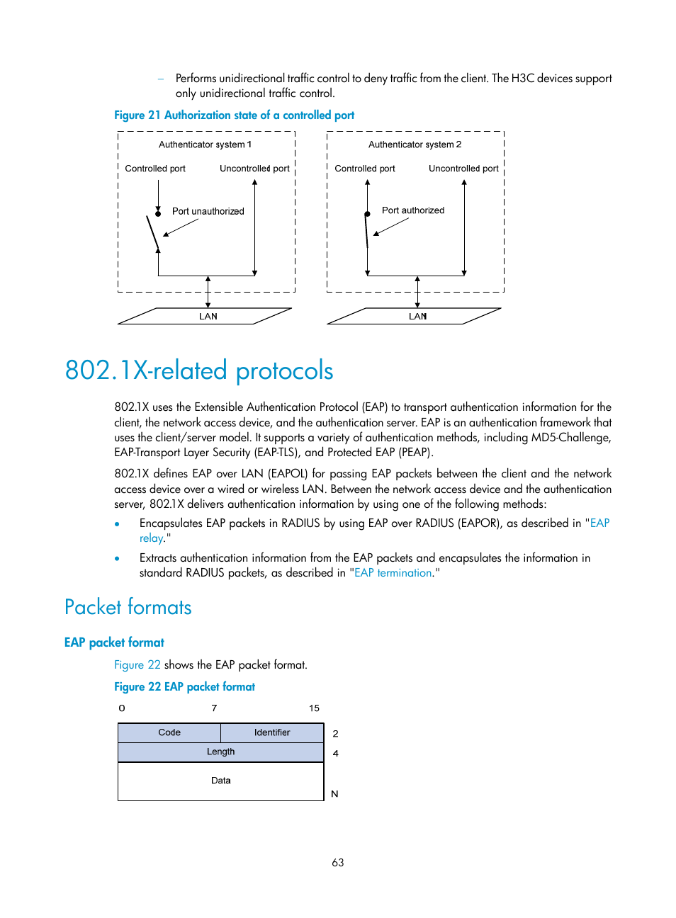 1x-related protocols, Packet formats, Eap packet format | H3C Technologies H3C S6300 Series Switches User Manual | Page 78 / 413