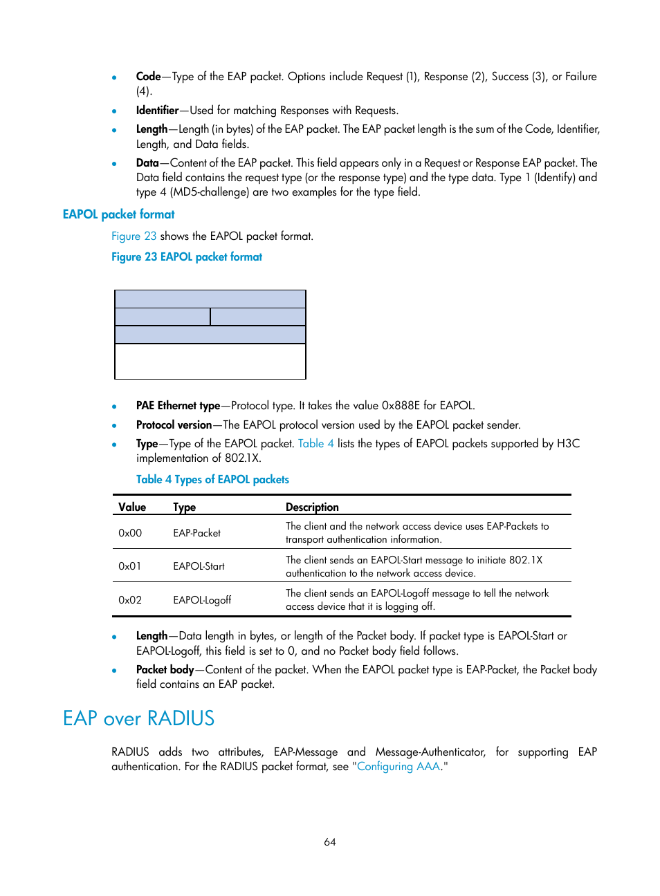 Eapol packet format, Eap over radius | H3C Technologies H3C S6300 Series Switches User Manual | Page 79 / 413