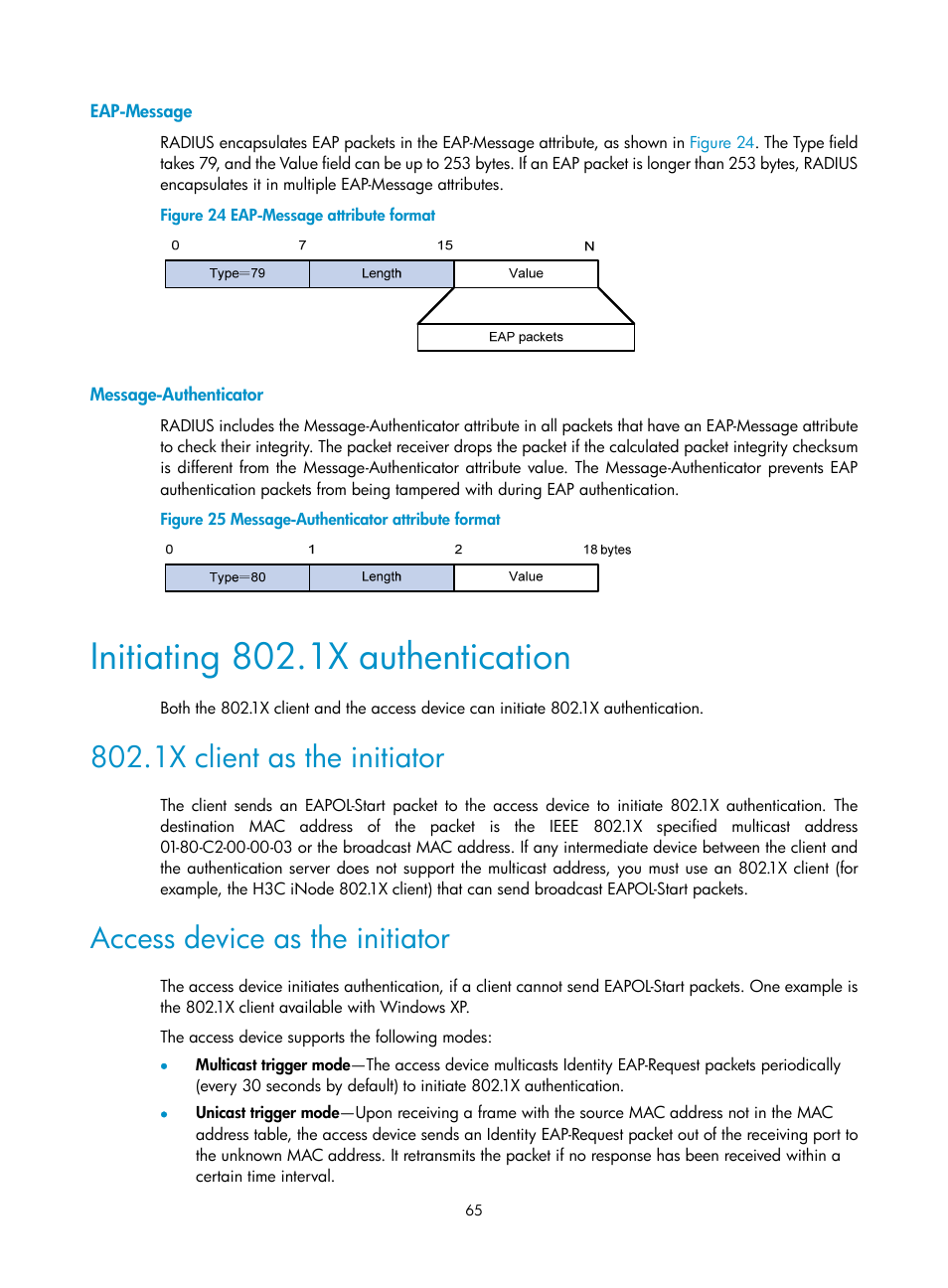 Eap-message, Message-authenticator, Initiating 802.1x authentication | 1x client as the initiator, Access device as the initiator | H3C Technologies H3C S6300 Series Switches User Manual | Page 80 / 413