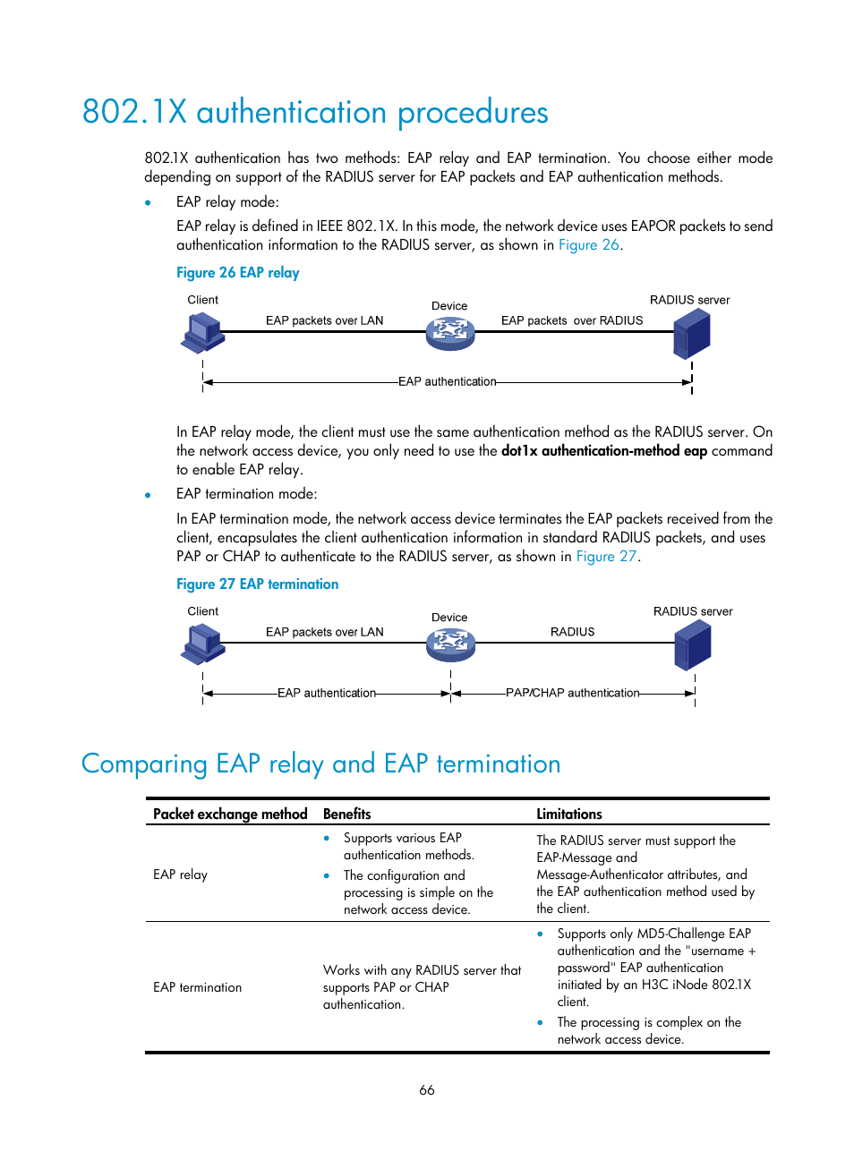 1x authentication procedures, Comparing eap relay and eap termination | H3C Technologies H3C S6300 Series Switches User Manual | Page 81 / 413