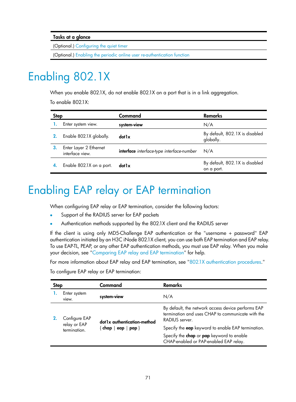 Enabling 802.1x, Enabling eap relay or eap termination, Required.) | H3C Technologies H3C S6300 Series Switches User Manual | Page 86 / 413