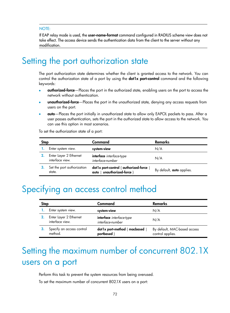 Setting the port authorization state, Specifying an access control method | H3C Technologies H3C S6300 Series Switches User Manual | Page 87 / 413