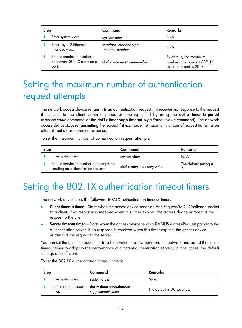 Setting the 802.1x authentication timeout timers | H3C Technologies H3C S6300 Series Switches User Manual | Page 88 / 413