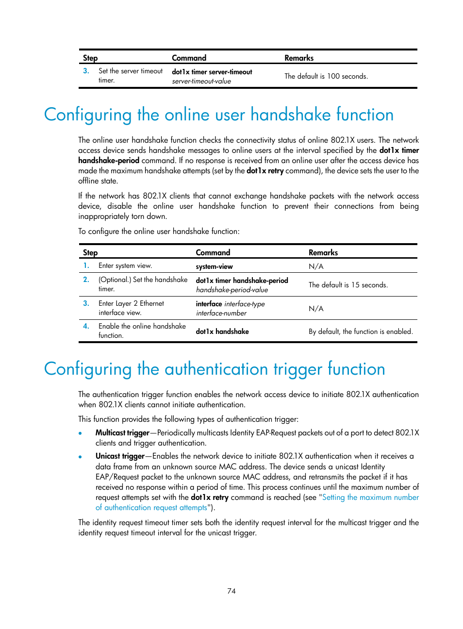 Configuring the online user handshake function, Configuring the authentication trigger function | H3C Technologies H3C S6300 Series Switches User Manual | Page 89 / 413