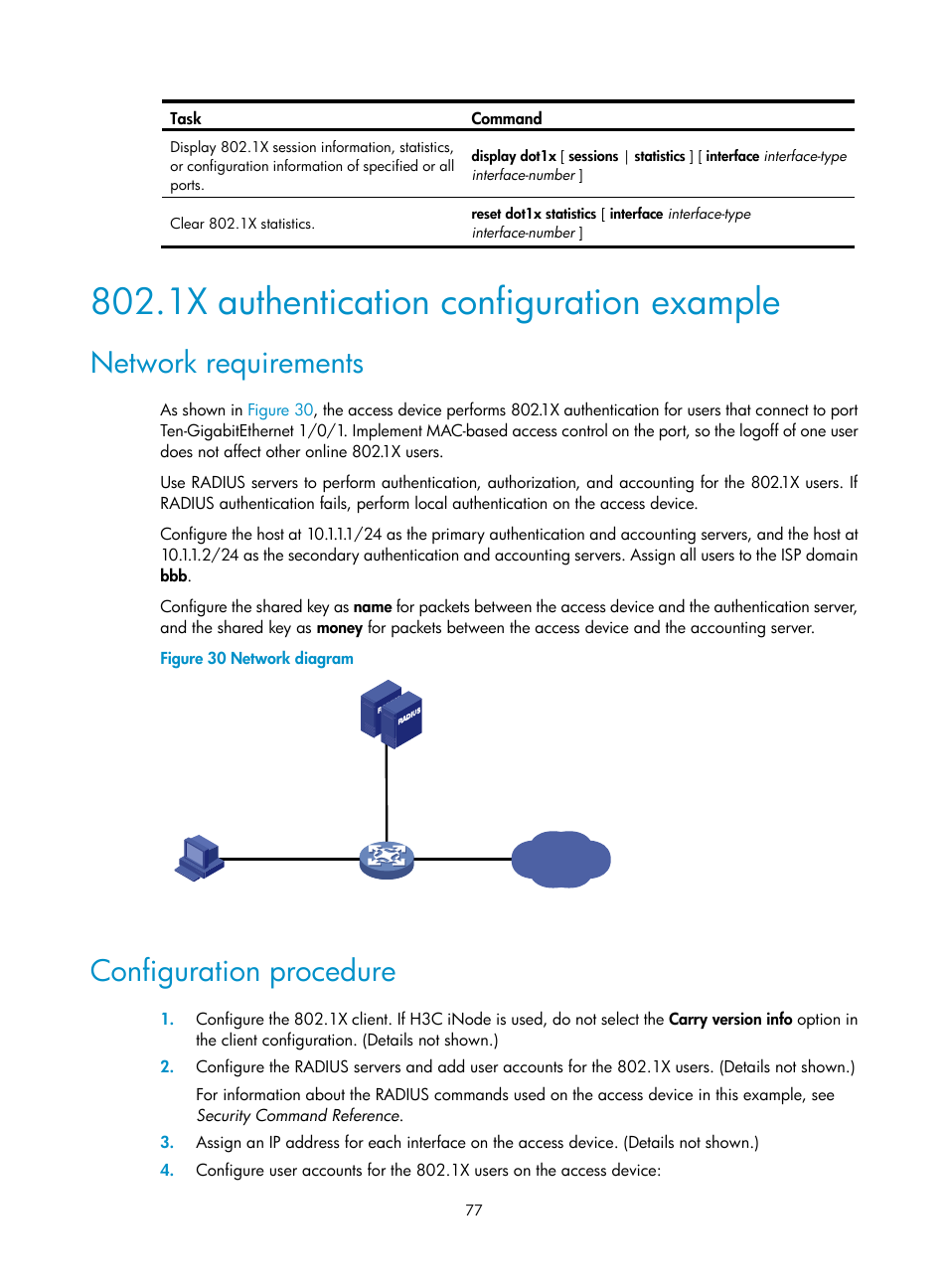 1x authentication configuration example, Network requirements, Configuration procedure | H3C Technologies H3C S6300 Series Switches User Manual | Page 92 / 413