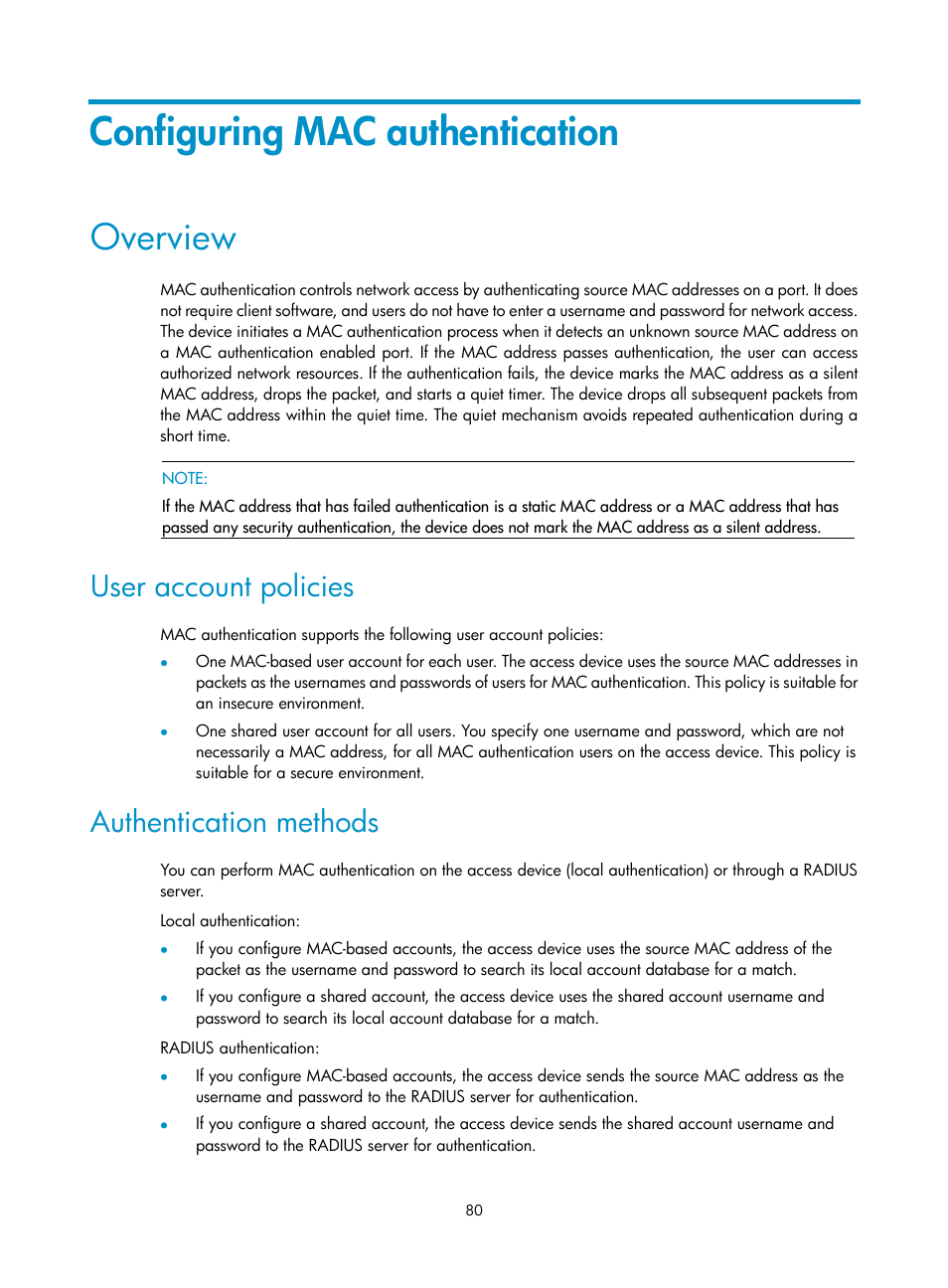 Configuring mac authentication, Overview, User account policies | Authentication methods | H3C Technologies H3C S6300 Series Switches User Manual | Page 95 / 413