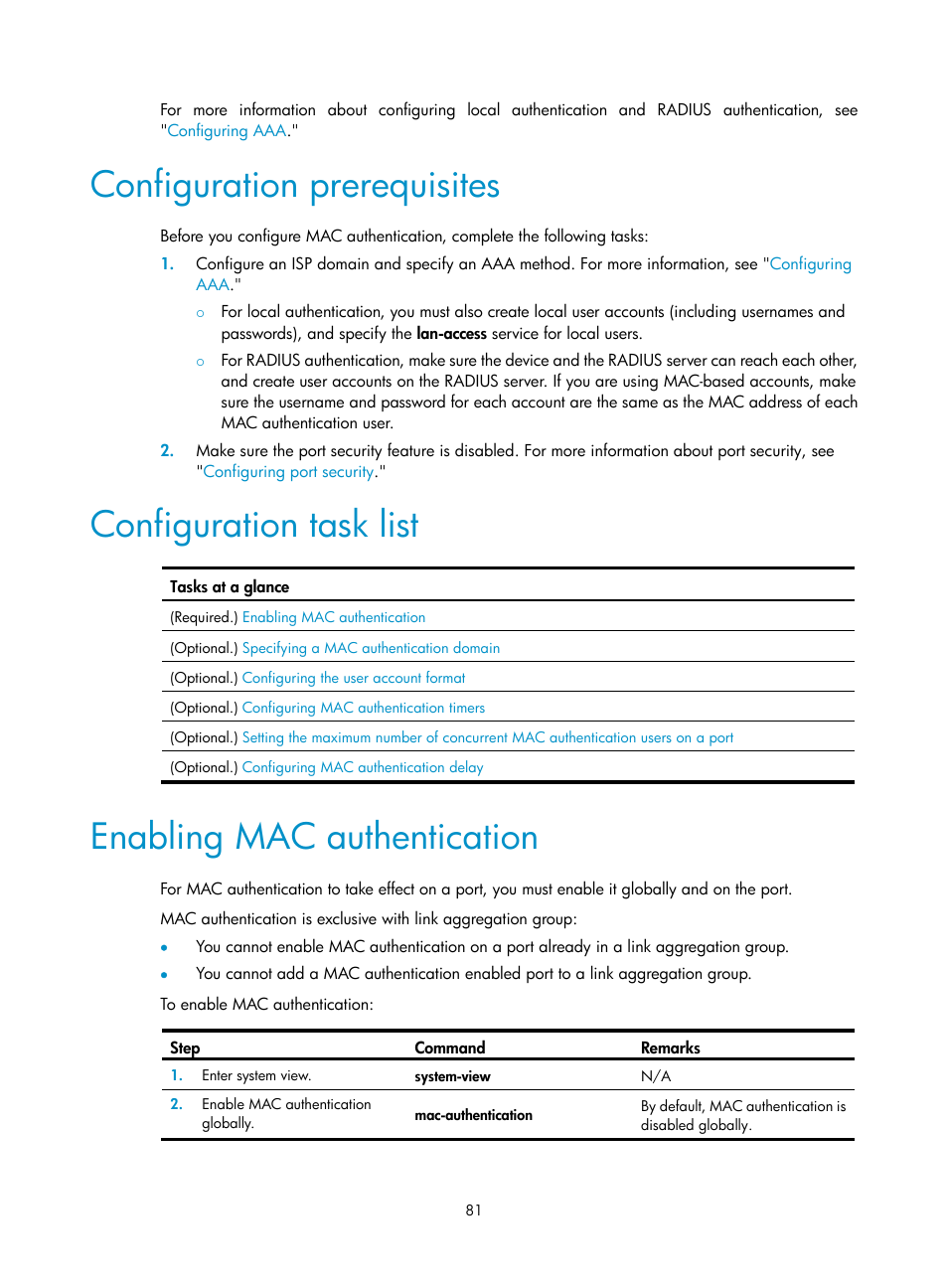 Configuration prerequisites, Configuration task list, Enabling mac authentication | H3C Technologies H3C S6300 Series Switches User Manual | Page 96 / 413