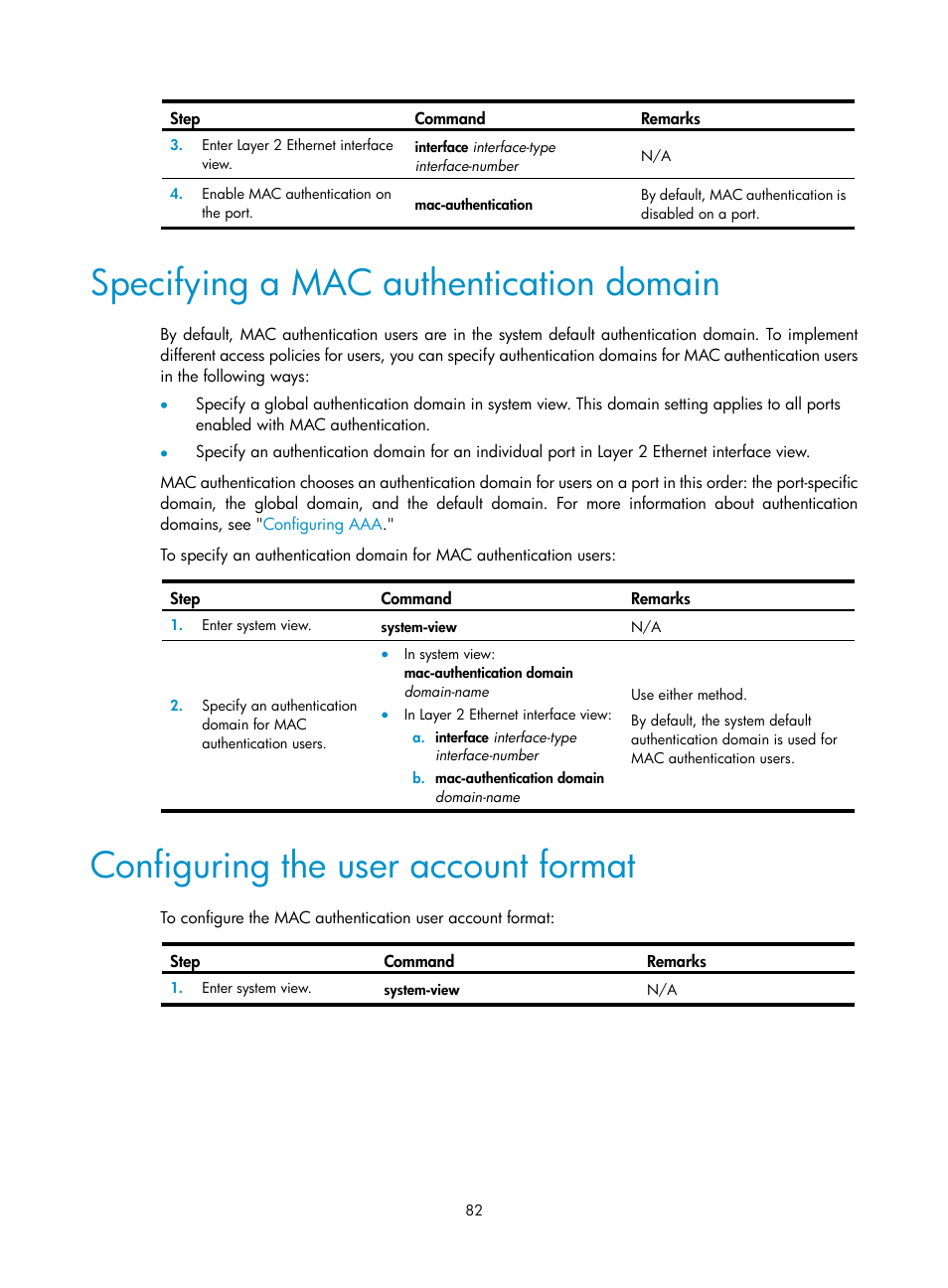 Specifying a mac authentication domain, Configuring the user account format | H3C Technologies H3C S6300 Series Switches User Manual | Page 97 / 413