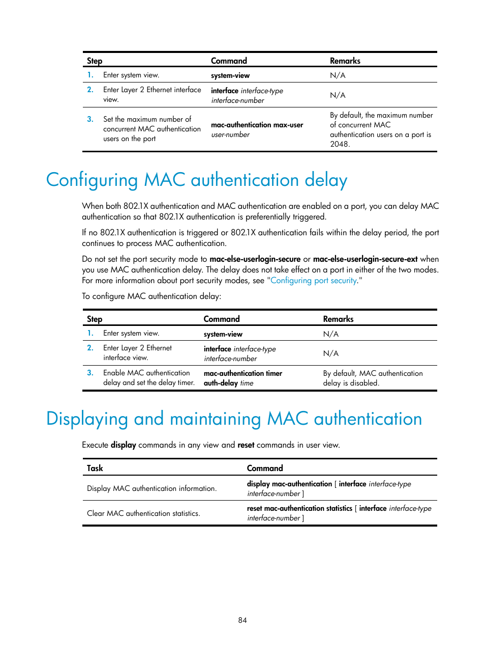 Configuring mac authentication delay, Displaying and maintaining mac authentication | H3C Technologies H3C S6300 Series Switches User Manual | Page 99 / 413