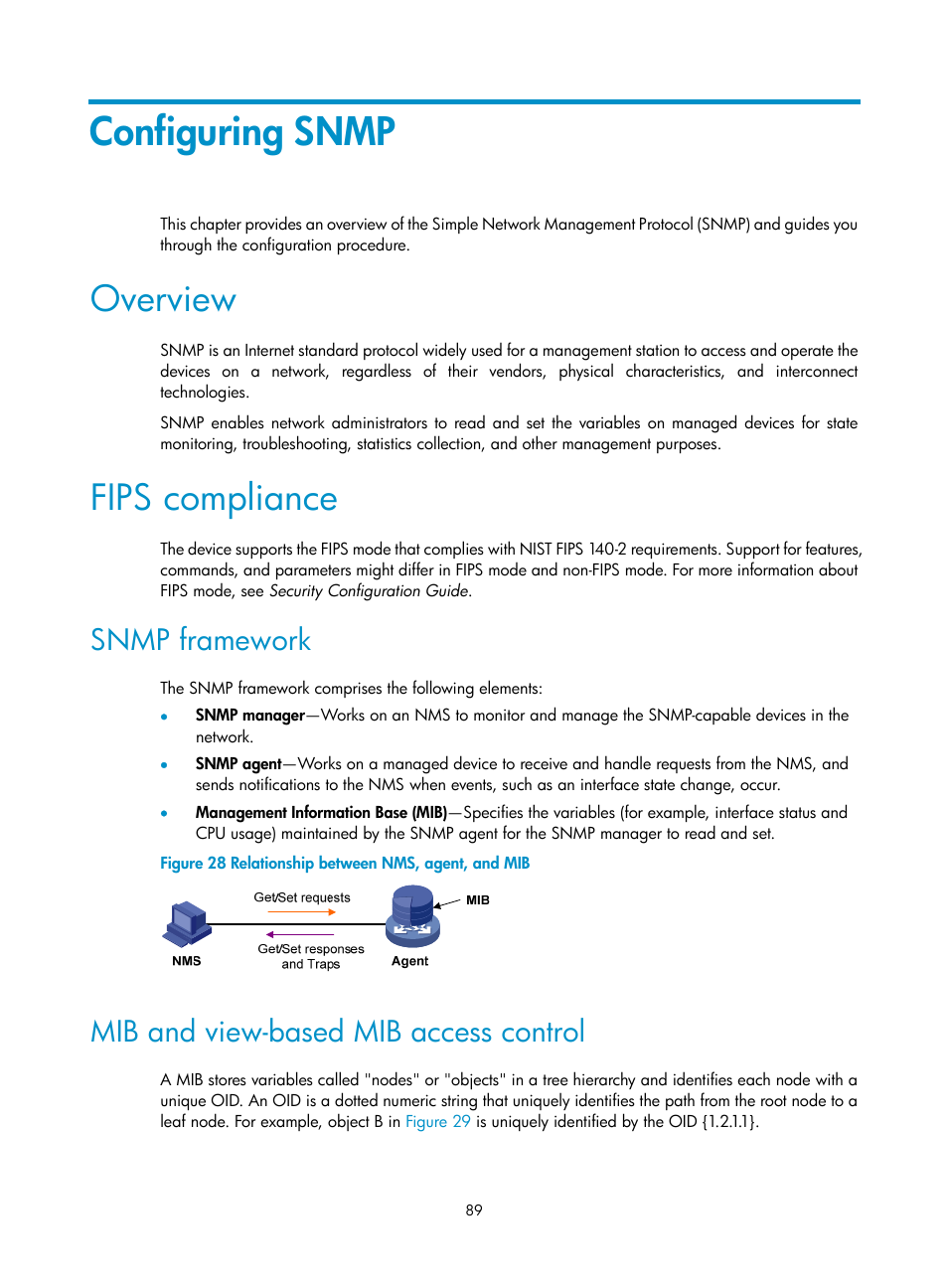 Configuring snmp, Overview, Fips compliance | Snmp framework, Mib and view-based mib access control | H3C Technologies H3C S6300 Series Switches User Manual | Page 102 / 306