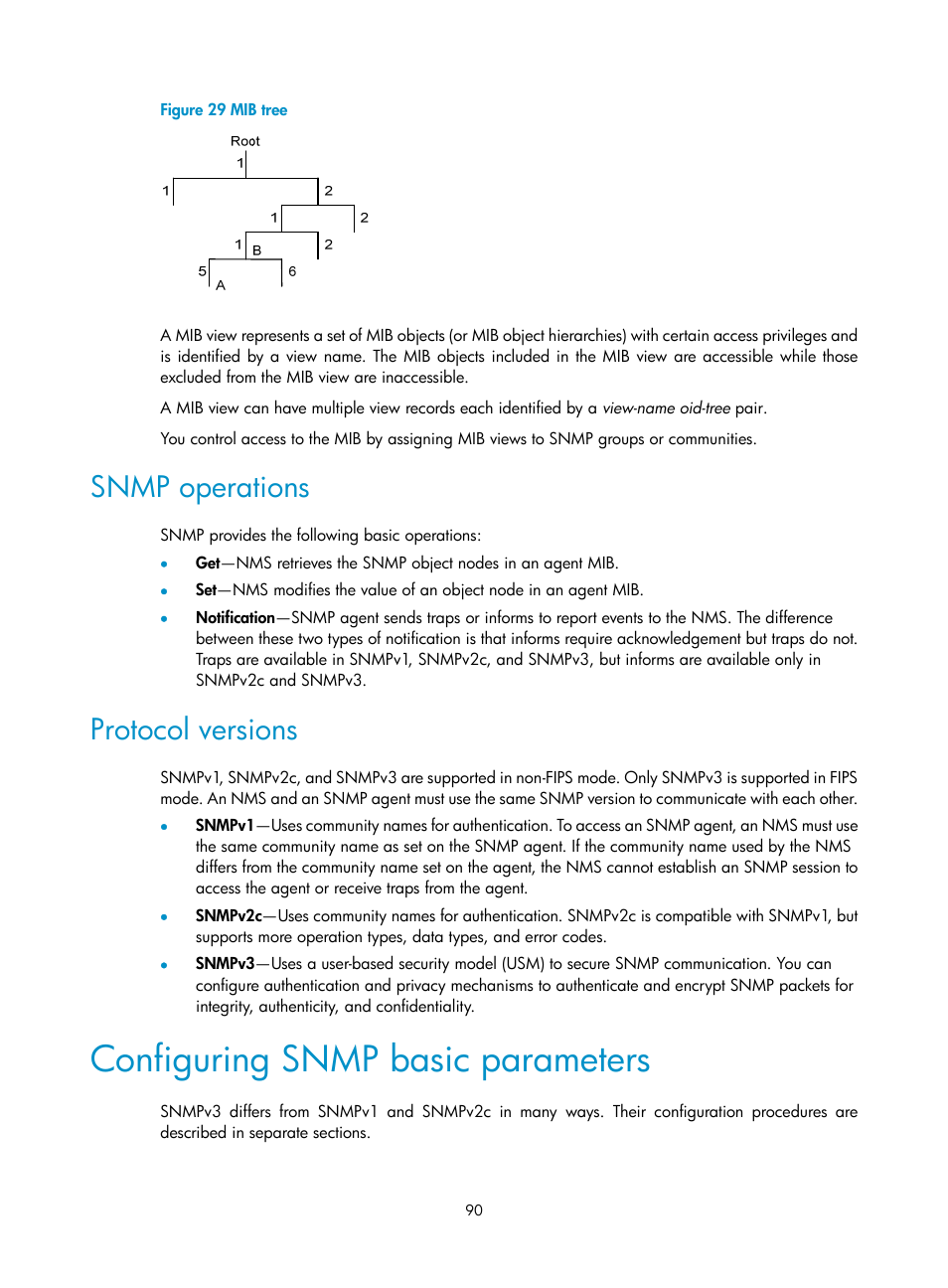 Snmp operations, Protocol versions, Configuring snmp basic parameters | H3C Technologies H3C S6300 Series Switches User Manual | Page 103 / 306