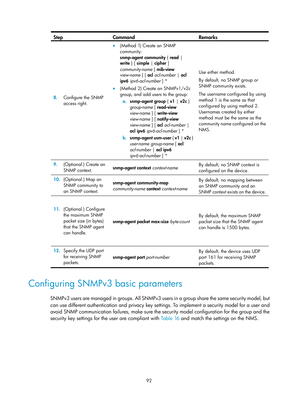 Configuring snmpv3 basic parameters | H3C Technologies H3C S6300 Series Switches User Manual | Page 105 / 306