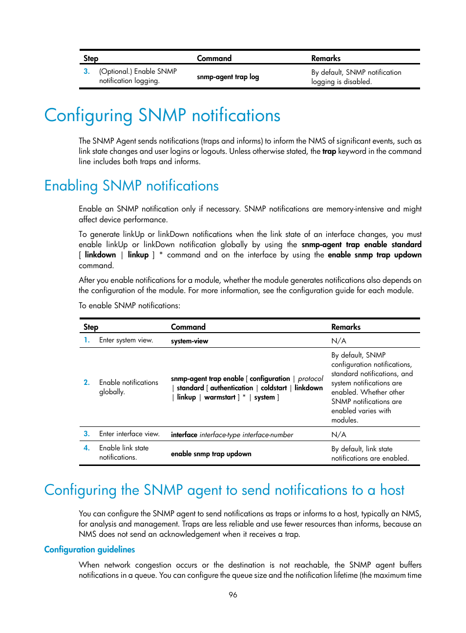 Configuring snmp notifications, Enabling snmp notifications, Configuration guidelines | H3C Technologies H3C S6300 Series Switches User Manual | Page 109 / 306